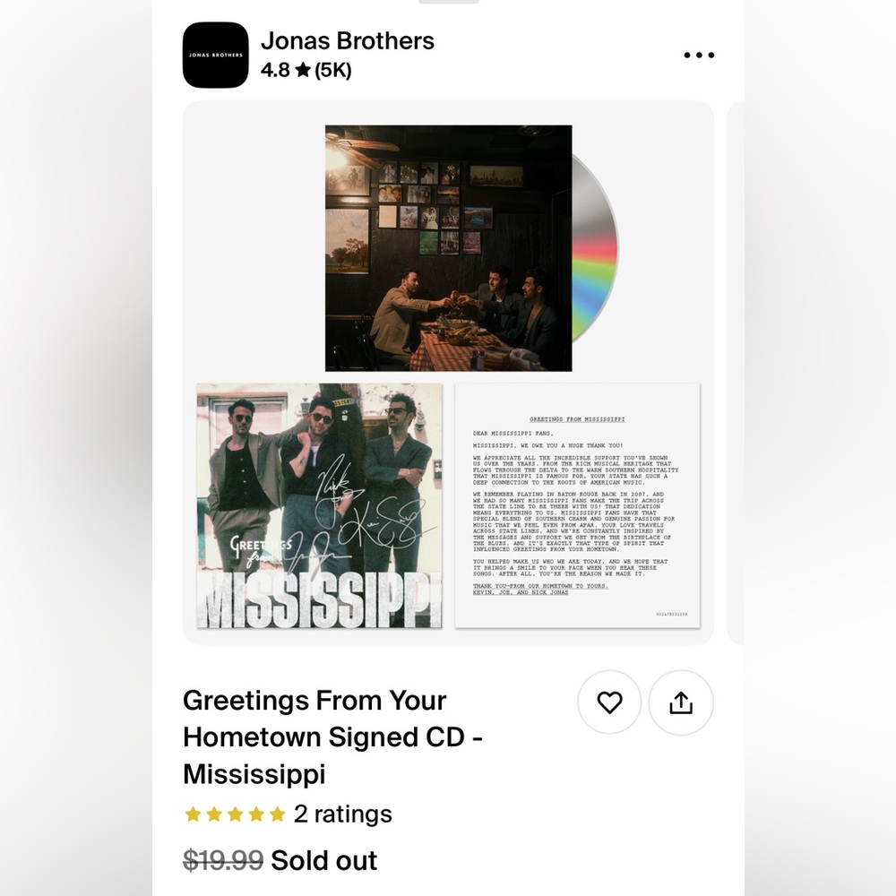 Jonas Brothers Greetings From Your Hometown — Mississippi — Signed CD